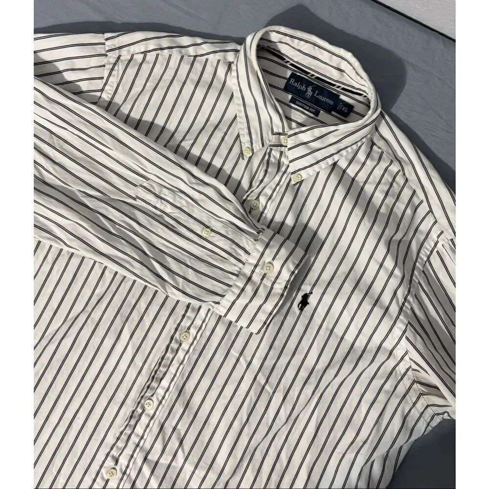 Ralph Lauren Men's XL Custom Fit White Striped Long Sleeve Button-Down Shirt
